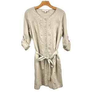 Gharani Strok Natural Tan 100% Linen Long Sleeve Button Front Dress Size S/ US 6